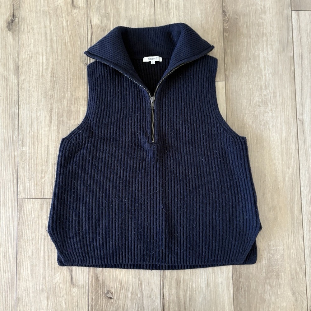 Madewell‎ Half-Zip Sweater Vest Women's Medium Black Sleeveless Knit Wool Blend